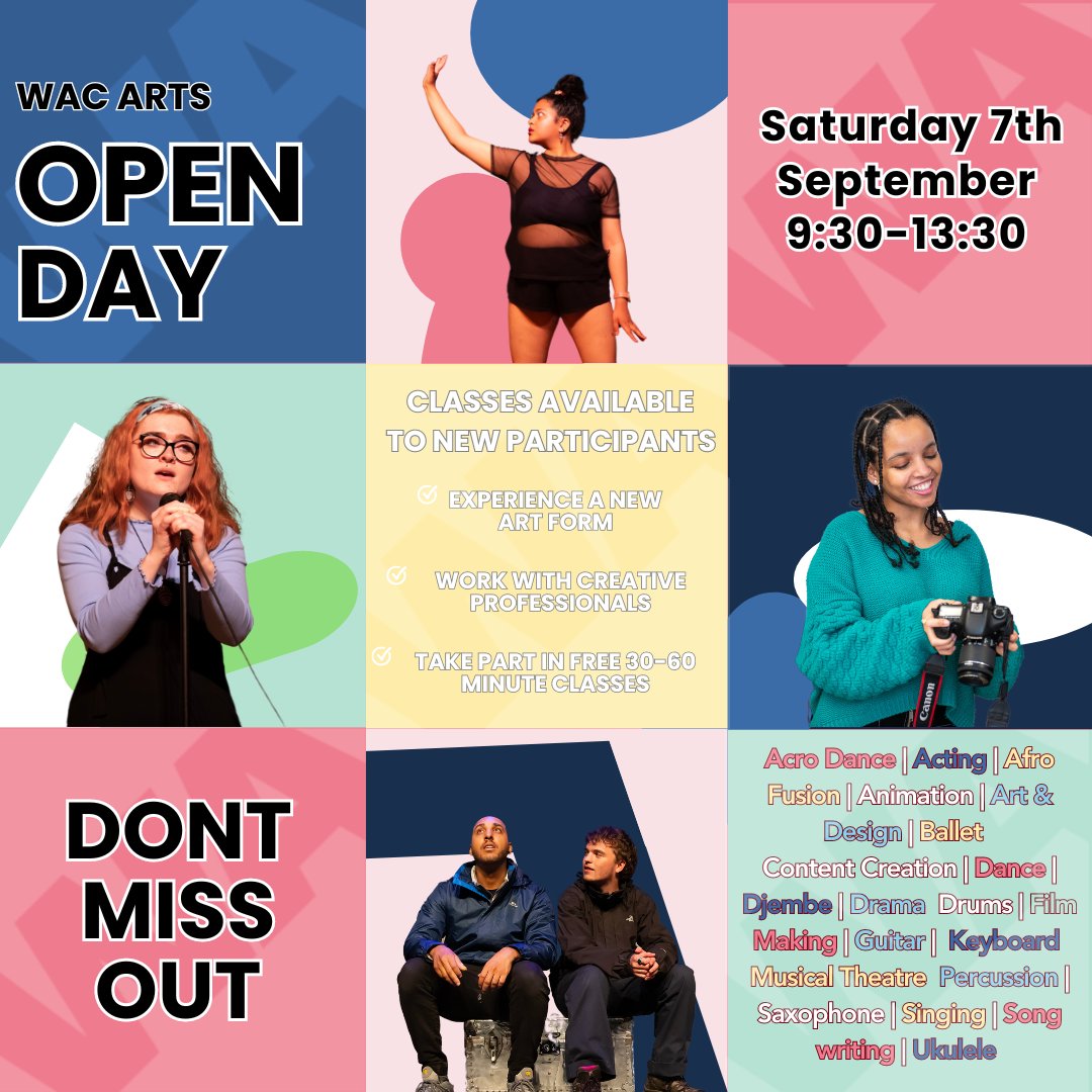 Looking to explore your creative side? Join us at the Wac Arts Open Day and try out a range of exciting classes—for FREE! 

📍 Where:  213 Haverstock Hill, London, NW3 4QP
📅 When: Saturday 7th September 2024, 09:30 - 13:30

Sign up today! 👉 wacarts.co.uk/homepage/wac-a…