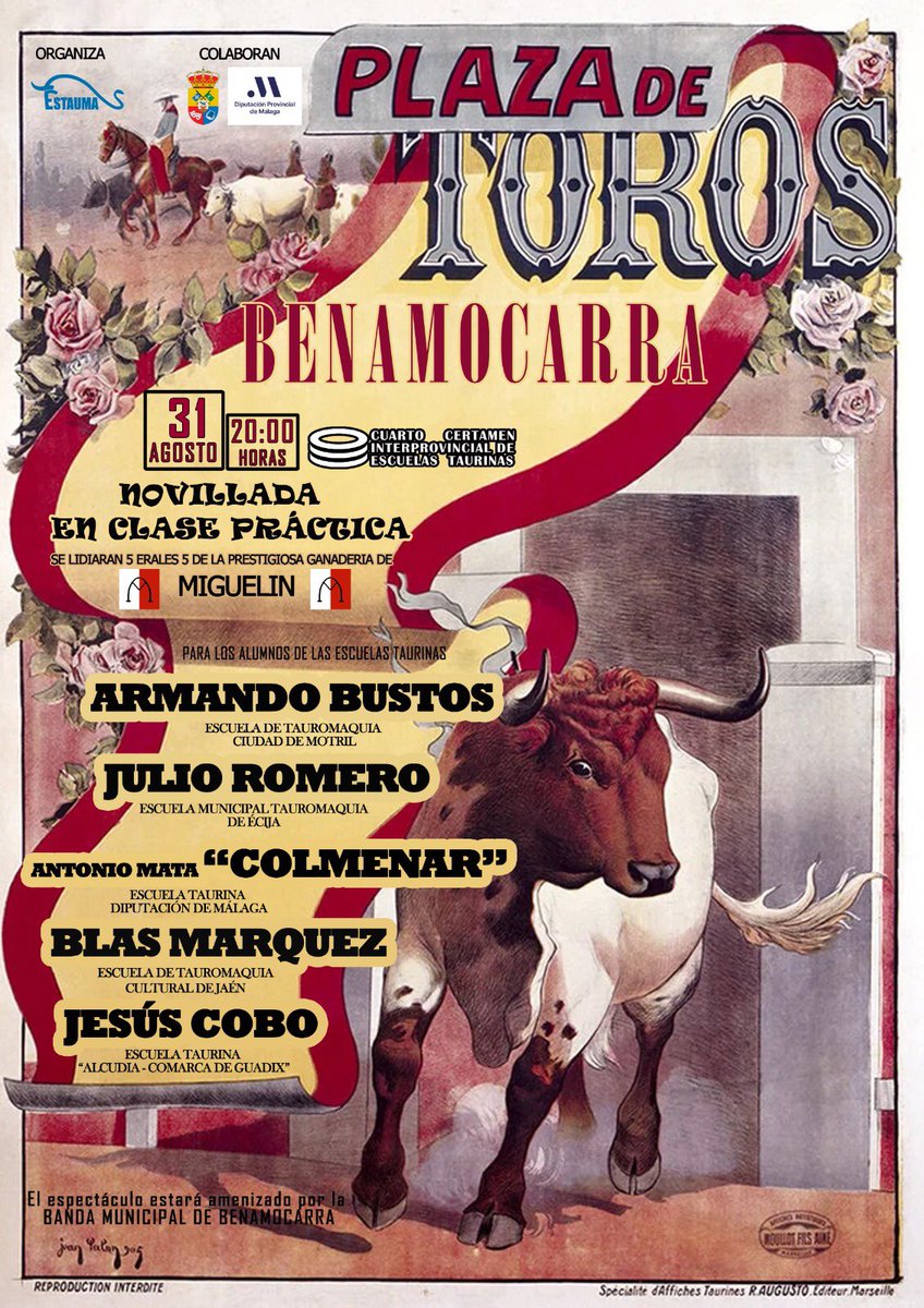 ✅ Hoy Toreamos en Benamocarra (Málaga).
Nuestro alumno Julio Romero y Alvaro Avalo de medio espada participan en el IV Certamen interprovincial de escuelas taurinas. Lidiarán una novillada de la ganaderia de Miguelin.