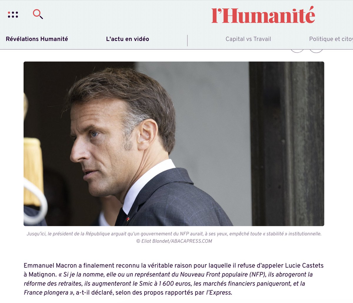 MonederoJC's tweet photo. Dice Emmanuel Macron que si nombra primer ministro a alguien del Nuevo Frente Popular (NFP) por el simple hecho de haber ganado las elecciones, esos izquierdistas van a derogar la reforma de las pensiones que castiga a los jubilados, van a aumentar el salario mínimo a 1.600 euros, y, entonces, los mercados financieros entrarán en pánico. Y como eso significaría el hundimiento de Francia, se pasa las elecciones por el Arco del Triunfo  y no va a respetar al ganador. Luego se cantará la Marsellesa. En Europa funciona la democracia solo si ganan las elecciones la derecha o, incluso, la extrema derecha, siempre y cuando respeten al Banco Central Europeo y a la OTAN.
Por supuesto, estos son los que apoyan a Netanyahu, los que dicen que el principal problema europeo es Venezuela y @NicolasMaduro y los que están trayendo a Europa otra vez el fascismo.
