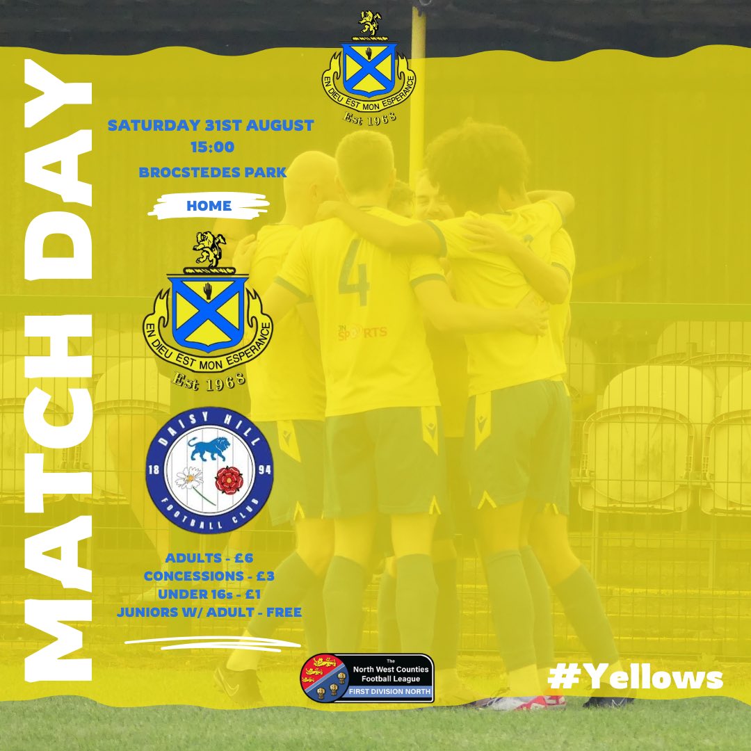 AshtonAthletic's tweet photo. 🏡TODAY

🏆 | @nwcfl 
🆚 | @OfficialDHFC 
📍 | Brocstedes Park, WN4 0NR
⏰ | KO 15:00
💰| Adults = £6, Concessions = £3, Under 16s = £1, Juniors accompanied by an adult = Free 

‼️Cash on gate &amp; card payments for the bar and kitchen

#AshtonAthletic #Yellows #proudtobeyellow 💛💙 https://t.co/PdR9MTH2ew