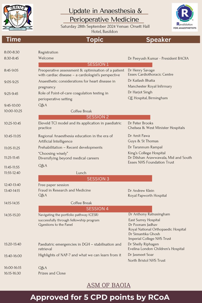 BAOIA (@baoia_news) on Twitter photo Last day for availing discounted delegate fee
Join our ASM at Basildon on 28th Sept to listed to excellent talks on cardiac optimisation, POC coagulation testing, TCI models, CESR fellowship & NAP7 etc.
BAOIA.org/asm2024
<a href="/RCoANews/">Royal College of Anaesthetists</a> <a href="/Assoc_Anaes/">Association of Anaesthetists</a> <a href="/doctorandyk/">Andrew Klein</a> <a href="/amit_pawa/">Dr Amit Pawa💉🎙️</a> Last day for availing discounted delegate fee
Join our ASM at Basildon on 28th Sept to listed to excellent talks on cardiac optimisation, POC coagulation testing, TCI models, CESR fellowship & NAP7 etc.
BAOIA.org/asm2024
<a href="/RCoANews/">Royal College of Anaesthetists</a> <a href="/Assoc_Anaes/">Association of Anaesthetists</a> <a href="/doctorandyk/">Andrew Klein</a> <a href="/amit_pawa/">Dr Amit Pawa💉🎙️</a>