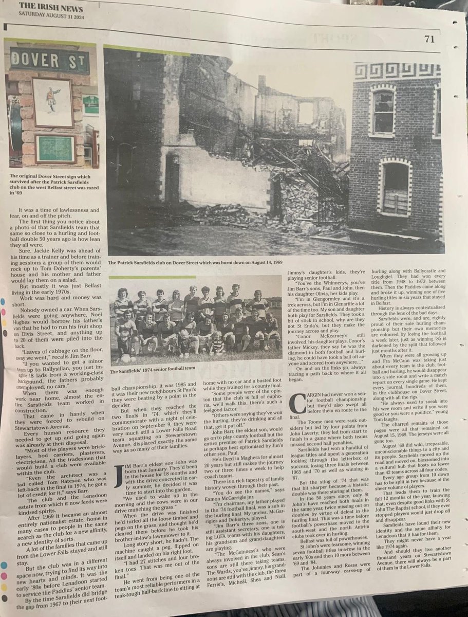 Paddies1906's tweet photo. Amazing write up in the Irish News today by Cahair O’Kane about the history of Sarsfields and input from some Sarsfields legends 🟢⚫️

@CahairOKane1 @irishnewssport https://t.co/ffzXDWu1Ne
