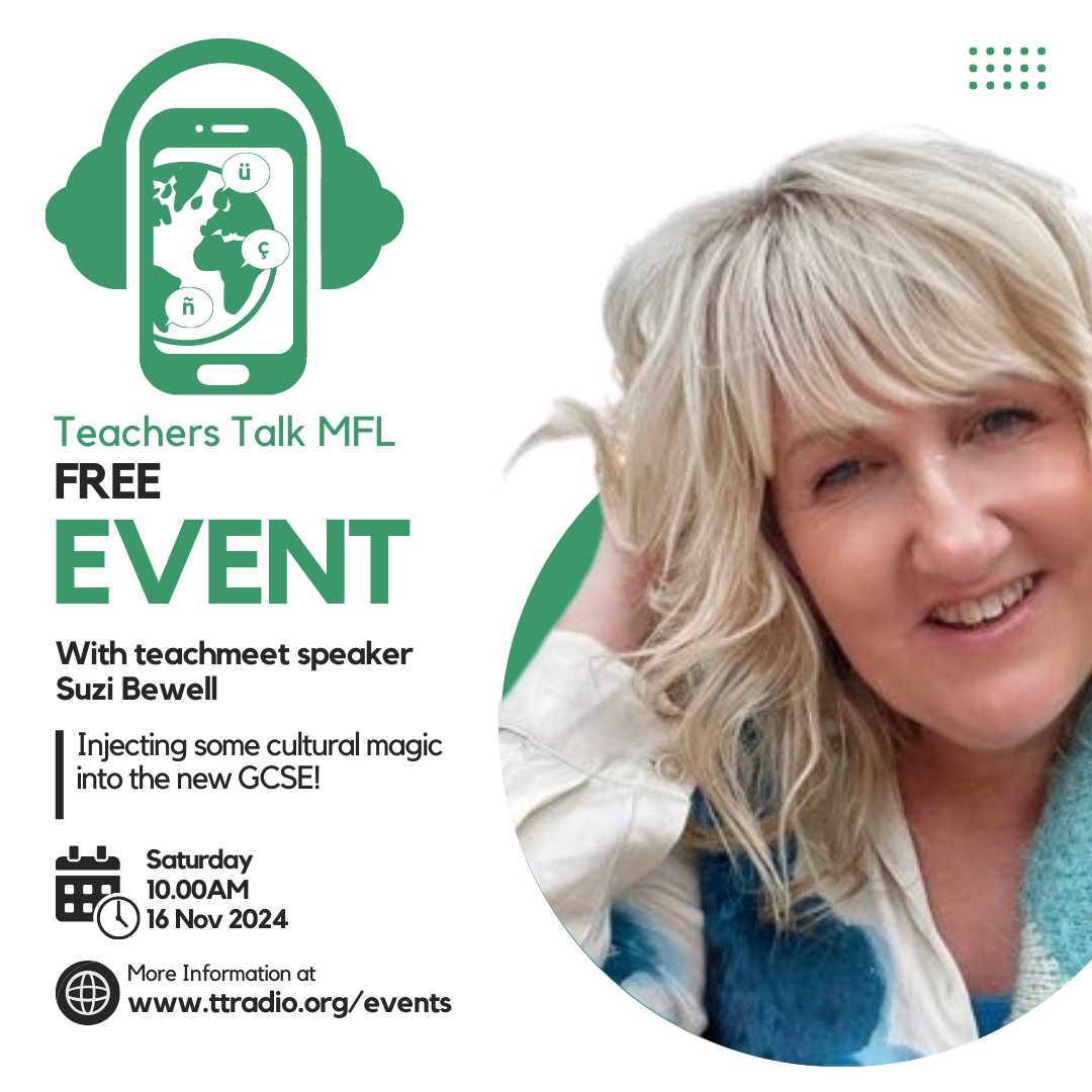 Teachers Talk MFL (@ttrmfl) on Twitter photo It's time for our second speaker announcement and it's the fantastic <a href="/suzibewell/">Suzi Bewell | Polly Glot Languages</a> sharing ideas for adding a cultural perspective to the new GCSE. We know Suzi's ideas will be invaluable. Get your tickets here! eventbrite.com/e/teachers-tal… It's time for our second speaker announcement and it's the fantastic <a href="/suzibewell/">Suzi Bewell | Polly Glot Languages</a> sharing ideas for adding a cultural perspective to the new GCSE. We know Suzi's ideas will be invaluable. Get your tickets here! eventbrite.com/e/teachers-tal…