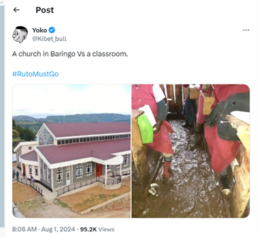 Claim: <a href="/Kibet_bull/">Yoko Ndegwah</a> shared images comparing the conditions of a church and a classroom in Baringo.

Fact: Misleading, the church is in Baringo, and the school is in Meru. 
#iVerifyKE #FactsMatterKE