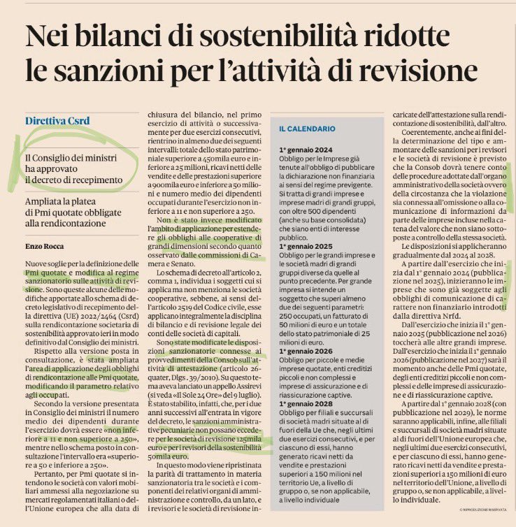 Approvato il Decreto di recepimento della #CSRD

In esame definitivo, il #CDM ha approvato il D.Lgs. che recepisce la Direttiva (UE) 2022/2464, per quanto riguarda la rendicontazione societaria di #sostenibilità e per l'adeguamento della normativa nazionale. #ESG
