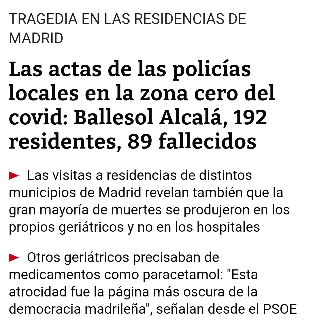 Ballesol Alcalá, 192 mayores, 89 fallecidos en un mes. Y es sólo una residencia. Las actas policiales aterran.
Ni paracetamol tenían para aliviar un poco la agonía. Tal fue el abandono de Ayuso. No olvidamos. Verdad y justicia YA. 
#Ayuso7291 #Residencias infolibre.es/1_1c8fb9