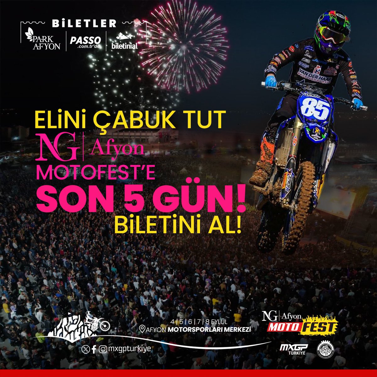 Ng Afyon Motofest’te Geri Sayım Başladı! Adrenalini Ve Müziği Aynı Anda Yaşamak İster Misin? Büyük Festivale Son 5 Gün Kaldı! Biletini Almayı Unutma! 

📅 4-8 Eylül 2024
📍Afyon Motor Sporları Merkezi