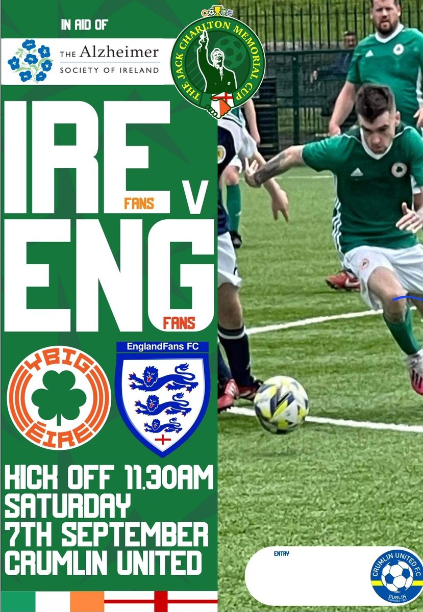 Ireland Fans Team (@irelandfansteam) on Twitter photo One week to go for the Jack Charlton Memorial cup 🏆, please come support the 🇮🇪 fans team v 🏴 fans team in aid of <a href="/alzheimersocirl/">The Alzheimer Society of Ireland</a> <a href="/YouBoysInGreen/">YBIG</a> <a href="/CRISClubs/">CRISC</a> <a href="/FAIreland/">FAIreland</a> <a href="/englandfansfc1/">EnglandFans FC Official</a> One week to go for the Jack Charlton Memorial cup 🏆, please come support the 🇮🇪 fans team v 🏴 fans team in aid of <a href="/alzheimersocirl/">The Alzheimer Society of Ireland</a> <a href="/YouBoysInGreen/">YBIG</a> <a href="/CRISClubs/">CRISC</a> <a href="/FAIreland/">FAIreland</a> <a href="/englandfansfc1/">EnglandFans FC Official</a>