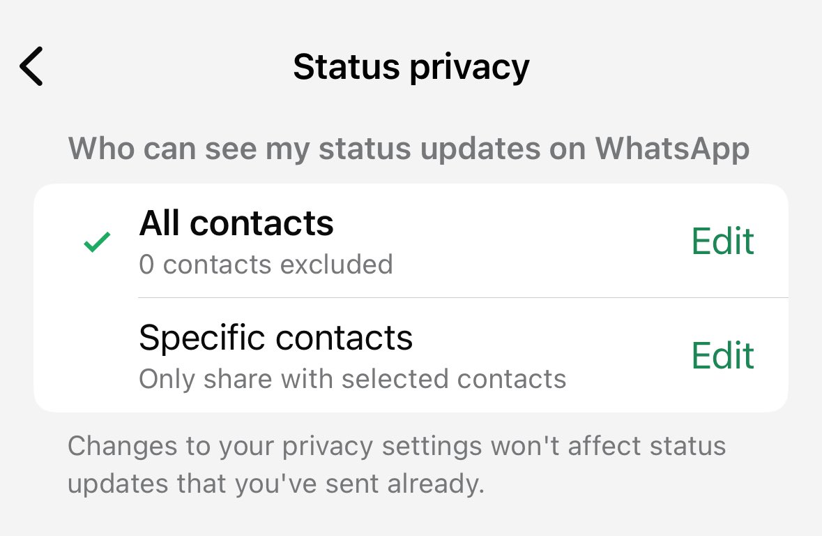 becoming_bless's tweet photo. @WhatsApp removing the “exclusion list” option was such a bad move. That was my most used feature, guess we’re not posting statuses freely anymore 🥹 https://t.co/JenDRBvtma
