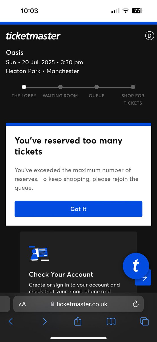 bigdayv's tweet photo. @TicketmasterCS had the  ‘something went wrong’ message all morning, followed all the advice you have given on here but eventually got this message and was removed back to the queue. Really unfair when I was front of the line at 9am. Now looking very unlikely I will get tickets. https://t.co/wBDEH1NAOM