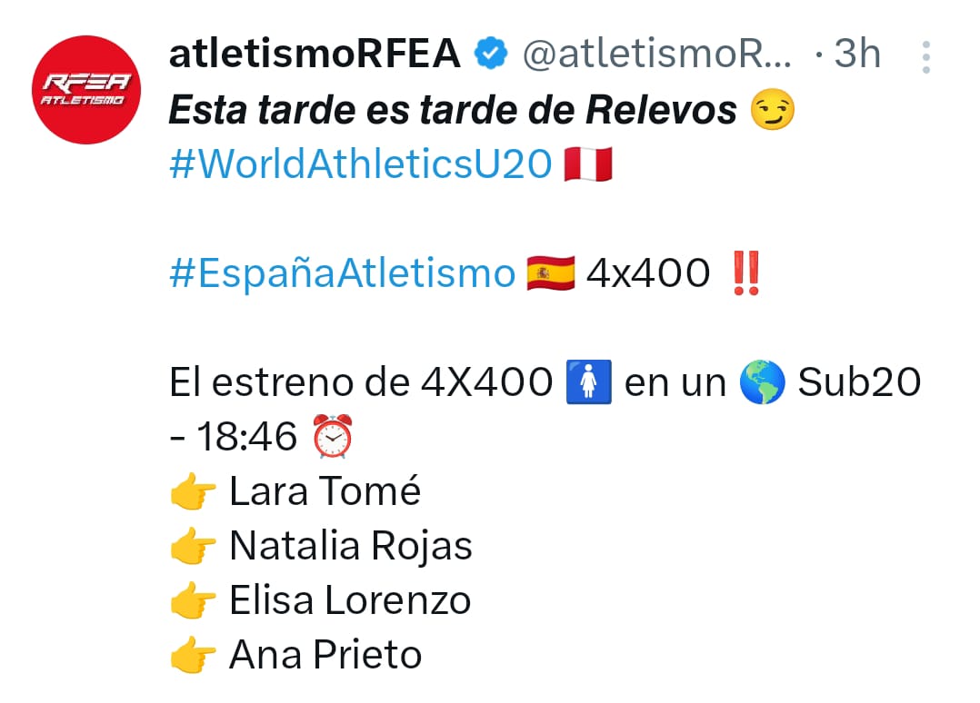 Enhorabuena a la atleta Eli Lorenzo del <a href="/AtletismoCAPEX/">CAPEX</a> por formar parte de ese gran relevo de España sub 20