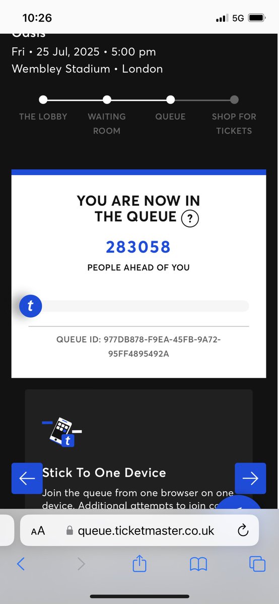 Story of my attempt to get #oasistickets 2 hours in the waiting room, started 8982 in queue!! 🤭 Got down to 1st and got in!! 🥳 Only for <a href="/TicketmasterUK/">ticketmasteruk</a> to get stuck and boot me out 😭😭 placing me 283,058 in the queue!! 😡🤬😡#sorrydaughter at Wembley we won’t be!