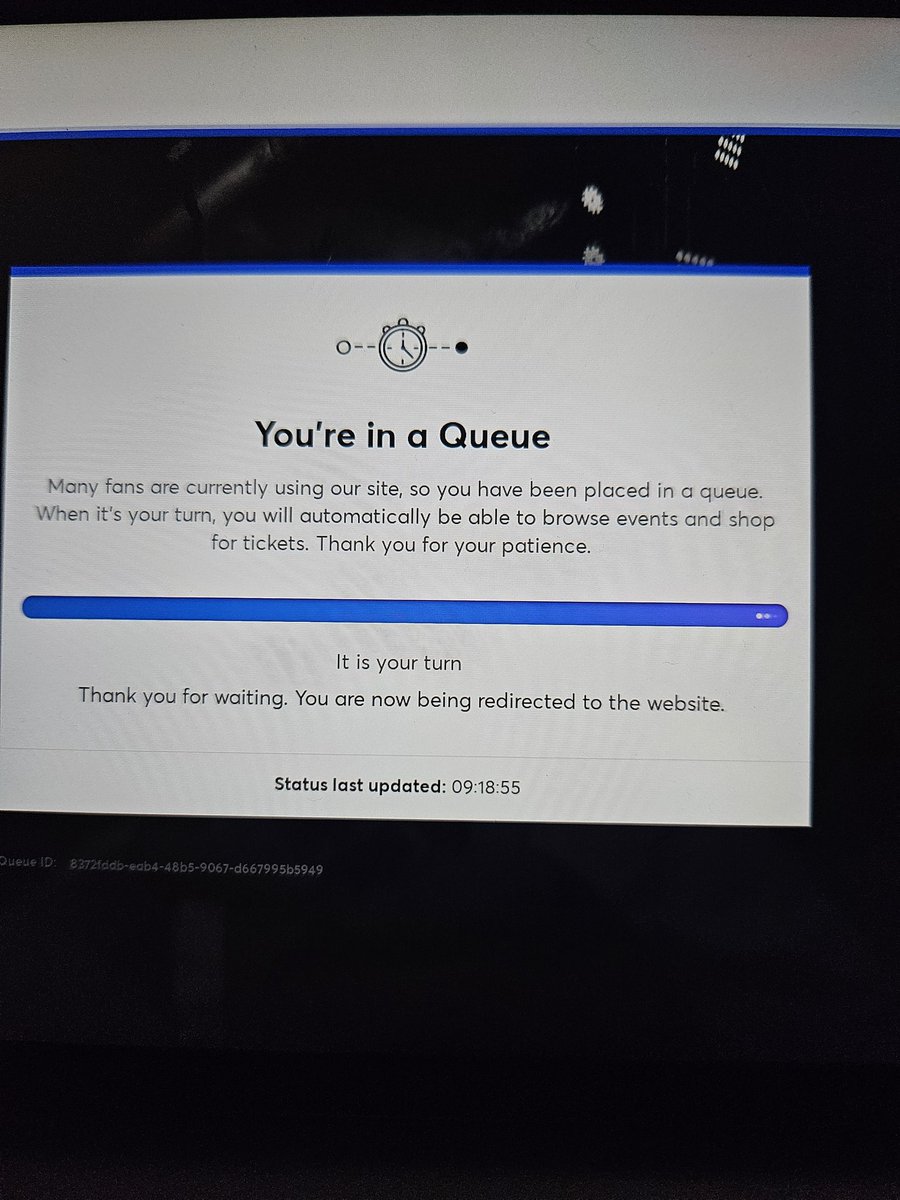mackemkaz's tweet photo. Ticketmaster are shit, been in queues on the 3 sites since 7.45 this morning, got so far as being told it was my turn next to being booted out and now there are 227, 427 people ahead of me now. Now, all 3 sites have crashed on me and booted me out. Raging https://t.co/8aqtfvenOc