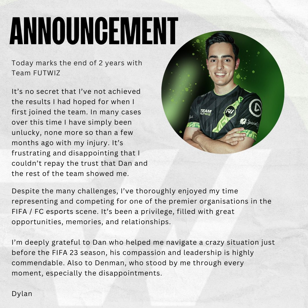 Today marks the end of 2 years at <a href="/FUTWIZ/">𝙁𝙐𝙏𝙒𝙄𝙕</a> 

Thank you to everyone at the team who has been part of the journey. 

I am now a free agent, will be making an official post tomorrow.