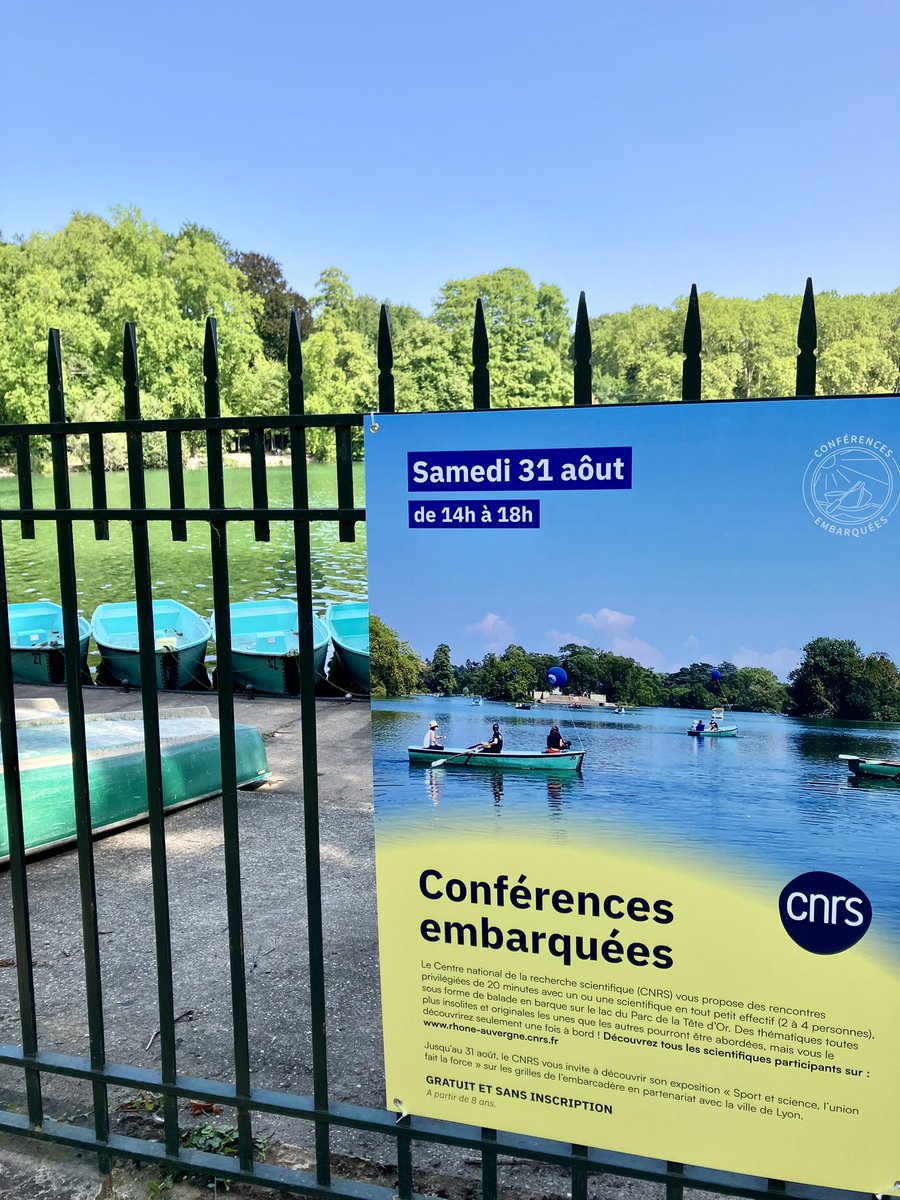 [Conférences embarquées]
Rendez-vous à 14h ce samedi 31 août au parc de la tête d’or à Lyon pour participer aux conférences embarquées 🚣 
Sans inscription et gratuit 🤗
👉 rhone-auvergne.cnrs.fr/fr/evenement/l…