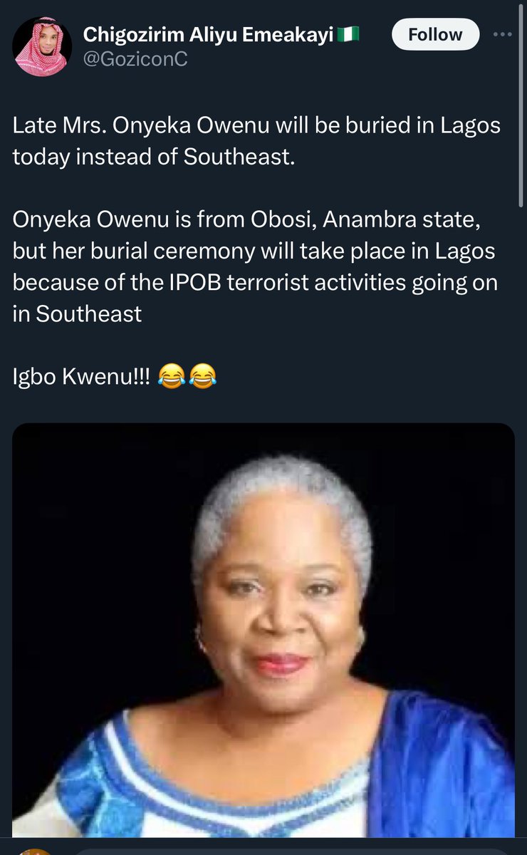 afrisagacity's tweet image. Why Was Onyeka Onwenu Buried In Lagos?

Ordinarily, I wouldn’t descend to the mud for a rough slush-play with demented p!gs like this 👇 but it begs for urgency that I put this out.

Onyeka Onwenu wasn’t buried in Lagos because of some “imaginary” IPOB activities in the South…