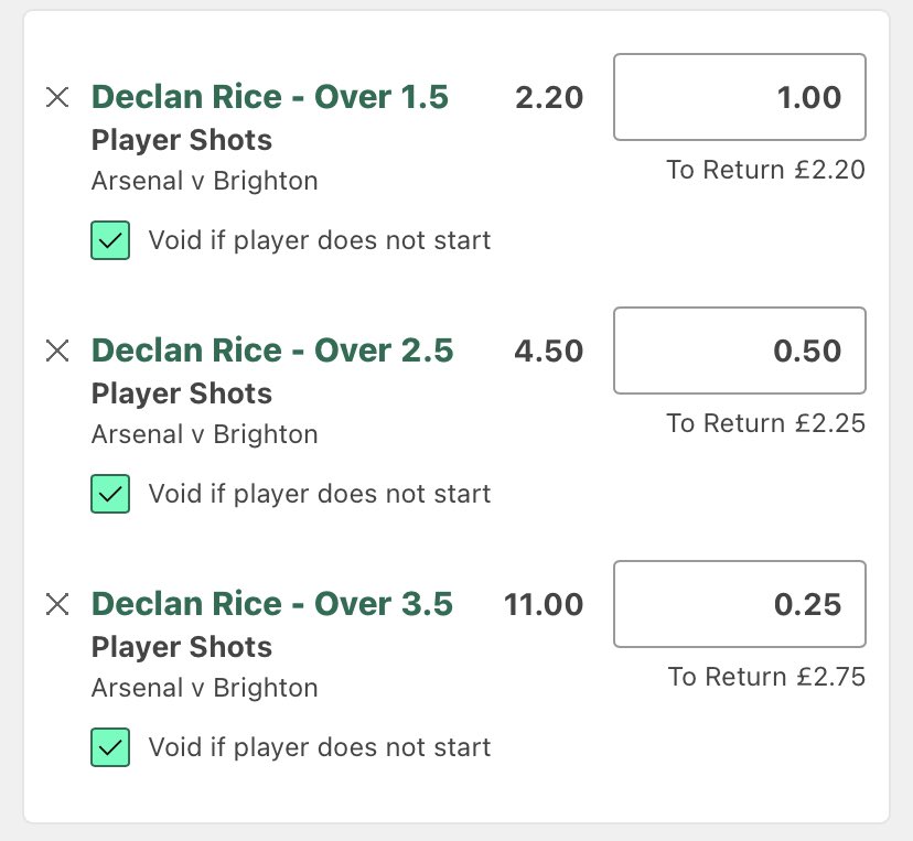 Arsenal vs Brighton - Declan Rice

2+ Shots -💰1u @ 2.20
3+ Shots -💰0.5u @ 4.50
4+ Shots -💰 0.25u @ 11.00 

When starting with Partey, Rice plays as the left 8 and is much more advanced and involved in the attacks. 

Rice shots starting with Partey:
1,1,2,2,3,1,3,4