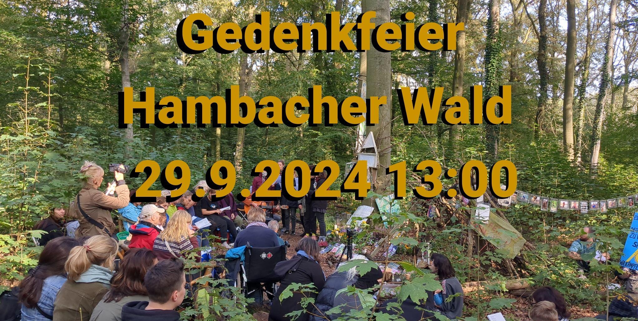 Foto der Gedenkstätte mit vielen Menschen, darüber steht Gedenkfeier Hambacher Wald 29.9.2024 13:00