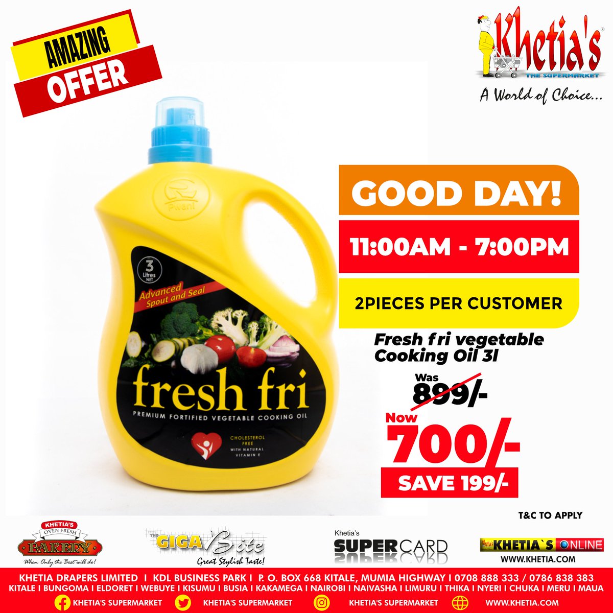 Limited time offer on Fresh Fri cooking oil 3L from 12:00 pm - 7:00 pm this Saturday, August 2024.

Maximum 2 pieces per customer.

#khetiaskwabeinafuu #khetiasAworldofchoice