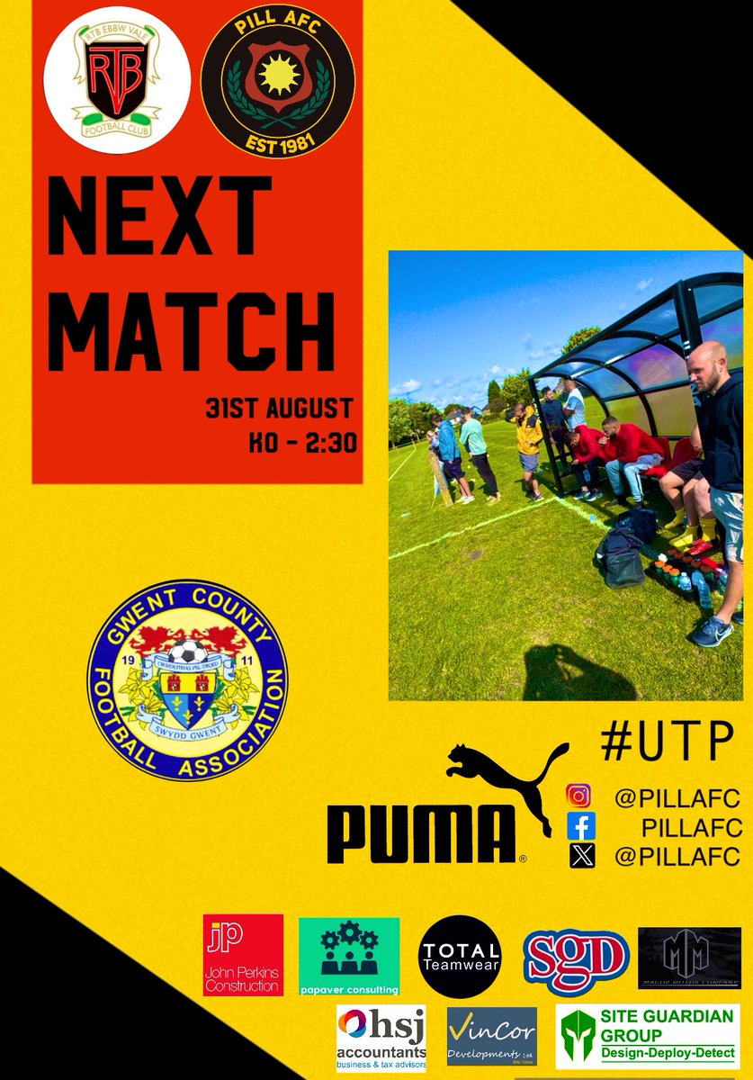 PILL AFC (@pillafc) on Twitter photo 🟡⚫️ WEEKEND FIXTURES ⚫️🟡
2 games for our lads today, details as follows:
1sts:
⚽️ <a href="/RTBEbbwValeFC/">RTB Ebbw Vale Football Club</a>
🏟️ Away - Hilltop
⏱️ 2:30 K/O
🏆 Gwent County Premier
3rds:
⚽️ <a href="/MillStDynamo/">Mill Street Dynamo FC</a>
🏟️ Away - Bettws Lane
⏱️ 2:30 K/O
🏆 N&D Div 1
#UTP 💛🖤💛🖤 🟡⚫️ WEEKEND FIXTURES ⚫️🟡
2 games for our lads today, details as follows:
1sts:
⚽️ <a href="/RTBEbbwValeFC/">RTB Ebbw Vale Football Club</a>
🏟️ Away - Hilltop
⏱️ 2:30 K/O
🏆 Gwent County Premier
3rds:
⚽️ <a href="/MillStDynamo/">Mill Street Dynamo FC</a>
🏟️ Away - Bettws Lane
⏱️ 2:30 K/O
🏆 N&D Div 1
#UTP 💛🖤💛🖤