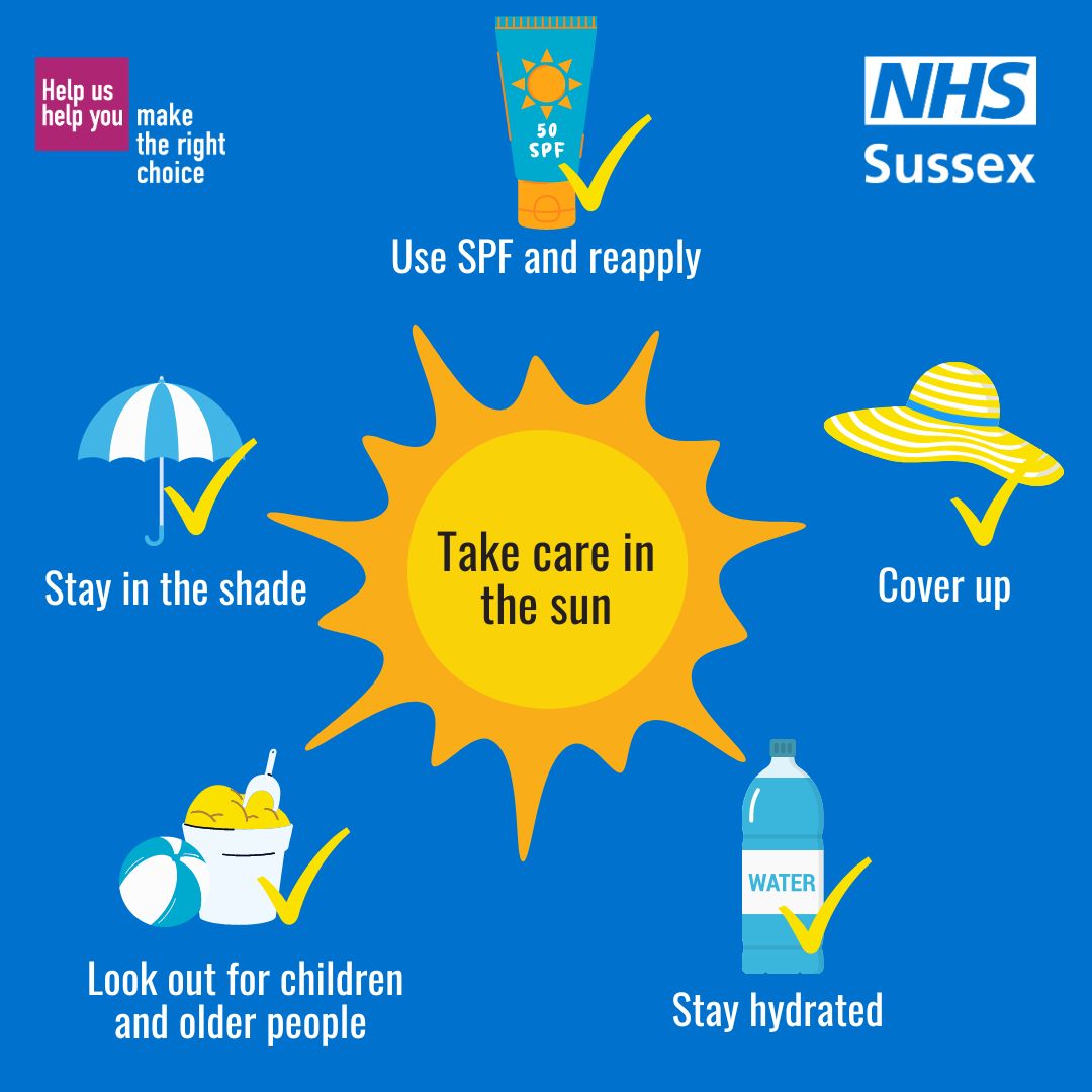 With warmer weather expected this weekend, here's a reminder of how to stay safe:

⛱️ Seek shade between 11am and 3pm
🧴 Use SPF and reapply regularly
💦 Stay hydrated
👒 Cover up with suitable clothing
👶 Look out for children and older people