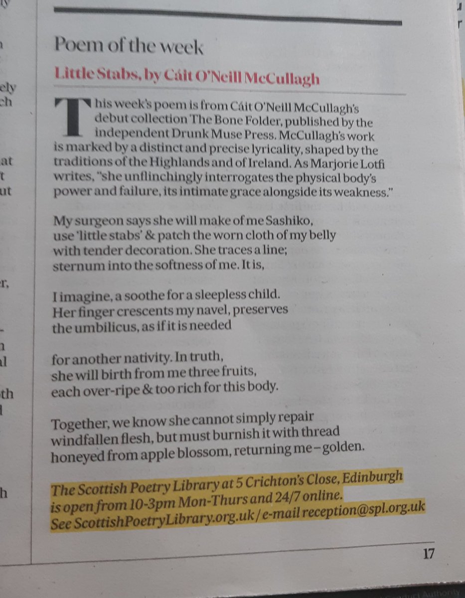 kittyjmac's tweet image. This has just made a sunny morning on the #CromartyFirth even better. Honoured to see my poem 'Little Stabs' published as #Poem of the week in today's @TheScotsman Thank you @ByLeavesWeLive for this lovely boost!
@drunkmusepoetry @HighlandLIT @NorthwordsNow @FedWritersScot
