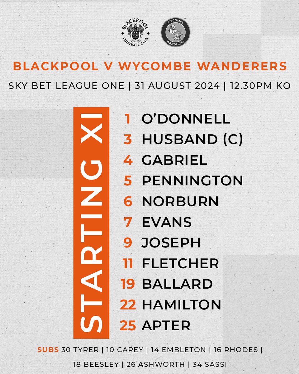 BlackpoolFC's tweet photo. 📋 Here is how the Seasiders line-up for today's early kick-off against @wwfcofficial.

🍊 #UTMP https://t.co/IfeU91WfoX