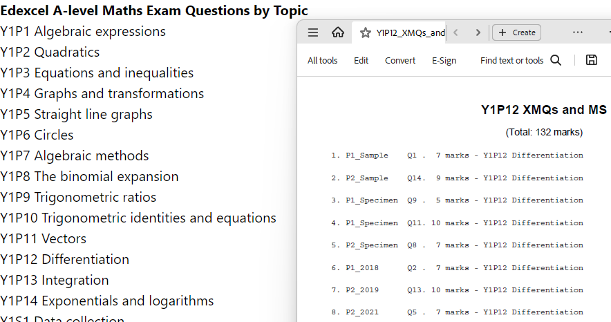 Exam questions arranged by topic for Edexcel A-level Maths: thechalkface.net/xmqs/ - pdf documents with exam questions followed by mark schemes, from 2018 - 2022 (+ spec &amp; sample) papers.  And the same for Core Pure, Further Pure, Mechanics and Decision: thechalkface.net/xmqs/further/