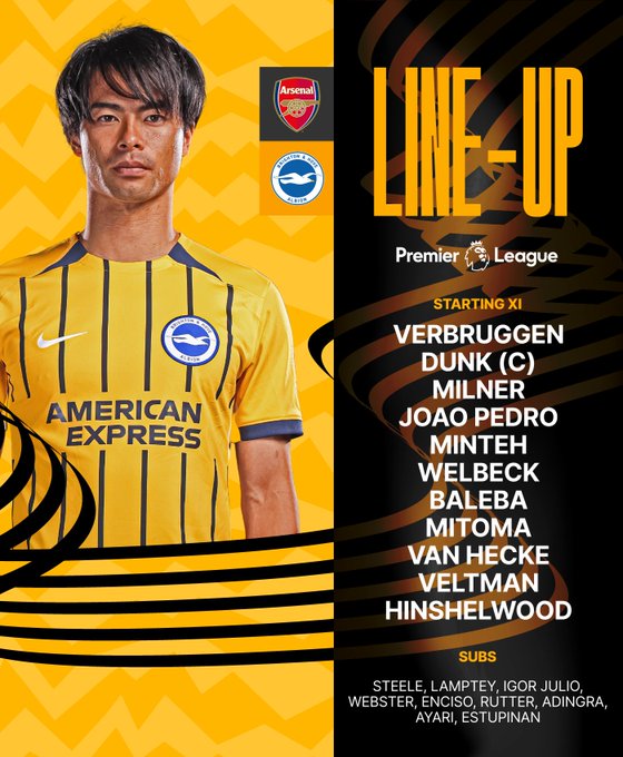 Arsenal v Albion starting XI graphic featuring Kaoru in our away kit: 

Verbruggem, Dunk, Milner, Joao Pedro, Minteh, Welbeck, Baleba, Mitoma, van Hecke, Veltman, Hinshelwood. Subs: Steele, Lamptey, Igor Julio, Webster, Enciso, Rutter, Adingra, Ayari, Estupinan. 

Come on Albion!