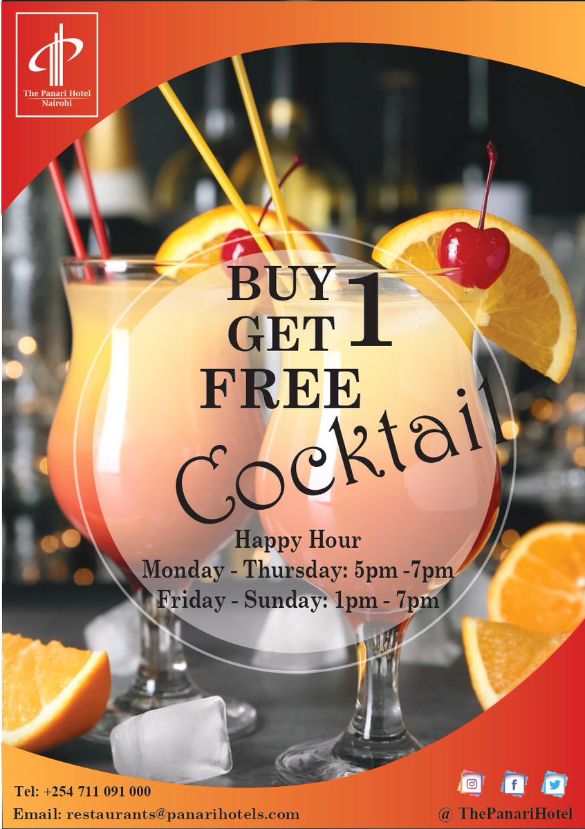 SP: 🍹 Happy Hour Haven 🍹
 
Unwind at Crystal Bar, Panari Hotel —your serene lounge spot for the perfect happy hour with stunning views of Nairobi National Park. Cheers to good times! Enjoy Buy 1 get free offer every Monday to Thursday 5pm – 7pm and Friday to Sunday from 1pm –