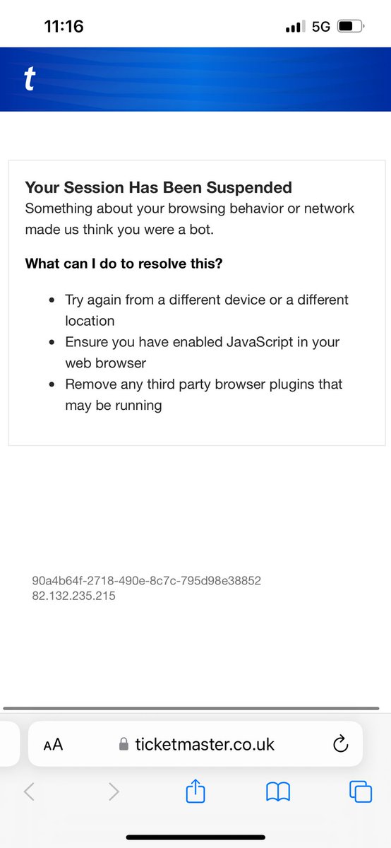 How about next time <a href="/TicketmasterUK/">ticketmasteruk</a> you stagger selling dates for venues. My husband was 6,000 in the queue and constantly gets an error. I got placed at 25,000. Wait over 2 hours to be told my activity is suspended. One device each. One on WiFi, one not. This is ridiculous