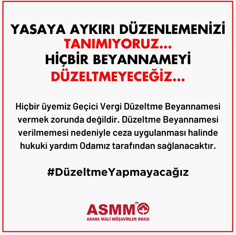 Bilal Altan (@baltan01) on Twitter photo Yasaya aykırı düzenlemeyi tanımıyoruz.
Beyanname Düzeltmeyeceğiz…
#turmob
<a href="/AdanaMMOdasi/">AdanaMMOdasi</a>
<a href="/SMMMGuneyYilmaz/">Güney YILMAZ</a>
#malimüşavir Yasaya aykırı düzenlemeyi tanımıyoruz.
Beyanname Düzeltmeyeceğiz…
#turmob
<a href="/AdanaMMOdasi/">AdanaMMOdasi</a>
<a href="/SMMMGuneyYilmaz/">Güney YILMAZ</a>
#malimüşavir