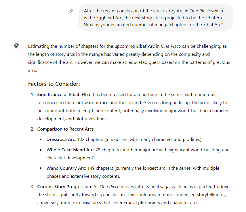 TheWillOfMarco's tweet image. I asked ChatGPT for an estimate of how many chapters the Elbaf Arc will have.

Its final estimate is 70-90 chapters. That's about 2-3 years, bruh... 👀
