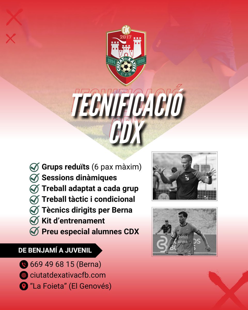 𝐓𝐞𝐜𝐧𝐢𝐟𝐢𝐜𝐚𝐜𝐢𝐨́ 𝐂𝐃𝐗 𝟐𝟎𝟐𝟒-𝟐𝟓

📝 Moltes novetats aquesta nova temporada: 

✅ Grup de tècnics de primer nivell dirigits per Berna Ballester
✅ Per a jugadors i jugadores tant del CDX com d'altres escoles
✅ Treball en grups reduïts i adaptat

#JuntsCapAlFutur