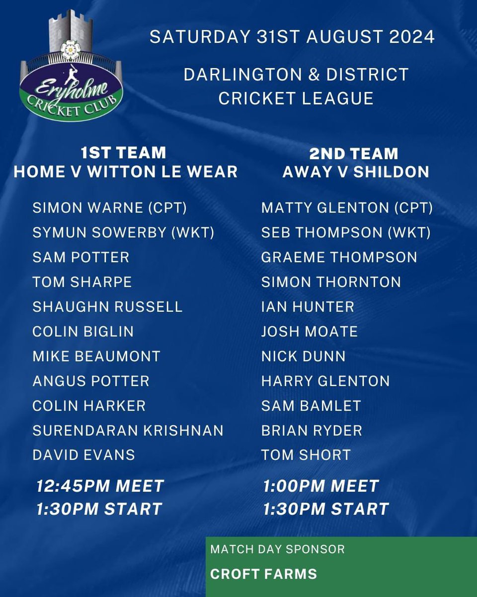 Today's teams as we approach the business end of the season.

Good luck to all involved today.

Thanks to our match day sponsor, Croft Farms (Croft Christmas Trees)

#UpTheHolme