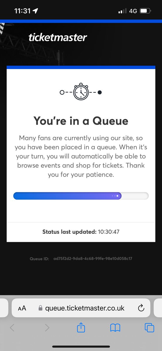 hjsummers's tweet photo. @TicketmasterUK been queuing to get onto the website for buy @oasis tickets for over 2.5 hours. The queue bar has been stuck in the same place for an hour! https://t.co/hdFIUnWIGG