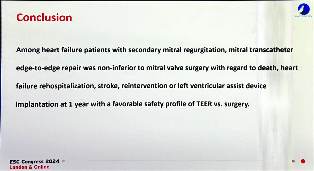 DrMarthaGulati's tweet photo. MATTERHORN - Transcatheter 🆚surgical mitral valve repair in patients with heart failure &amp; secondary mitral regurgitation
#ESCCongress #LBCT
📍noninferiority trial
📍72% MV repair, 28% MVR
📍NS diff in recurrence of MV or QoL
📍 significant ⤵️ in primary endpoint in TEER 🆚 Sx https://t.co/T570nxD3rA