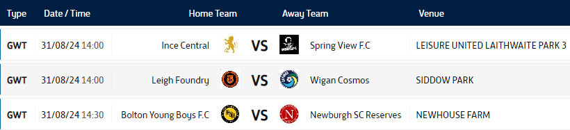 Wigan Amateur League (@wiganamyleague) on Twitter photo Todays Division 1 Fixtures
Can <a href="/newburghscfc/">Newburgh Sports Club FC</a> 2nds extend their lead at the top as they travel to <a href="/BoltonYoungBoys/">Bolton Young Boys</a>
Can <a href="/LeighFoundryFC/">Leigh Foundry F.C.</a> take advantage of any mistakes as they entertain <a href="/WiganCosmos/">Wigan Cosmos Football Club 🌹🔢🌈</a>
Will <a href="/InceCentral/">Ince Central FC</a> overcome <a href="/SpringView_FC/">Spring View FC</a> and gain their first 3 points Todays Division 1 Fixtures
Can <a href="/newburghscfc/">Newburgh Sports Club FC</a> 2nds extend their lead at the top as they travel to <a href="/BoltonYoungBoys/">Bolton Young Boys</a>
Can <a href="/LeighFoundryFC/">Leigh Foundry F.C.</a> take advantage of any mistakes as they entertain <a href="/WiganCosmos/">Wigan Cosmos Football Club 🌹🔢🌈</a>
Will <a href="/InceCentral/">Ince Central FC</a> overcome <a href="/SpringView_FC/">Spring View FC</a> and gain their first 3 points
