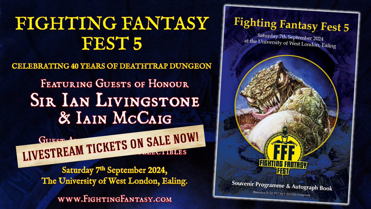 fightingfantasy's tweet photo. @desertedgm Fighting Fantasy 5 is happening one week today! https://t.co/2UggCtrxAW #fightingfantasy #gamebooks #pleaseshare #FFFest5 Are you ready to return to Deathtrap Dungeon? https://t.co/mojVgi5Eoc