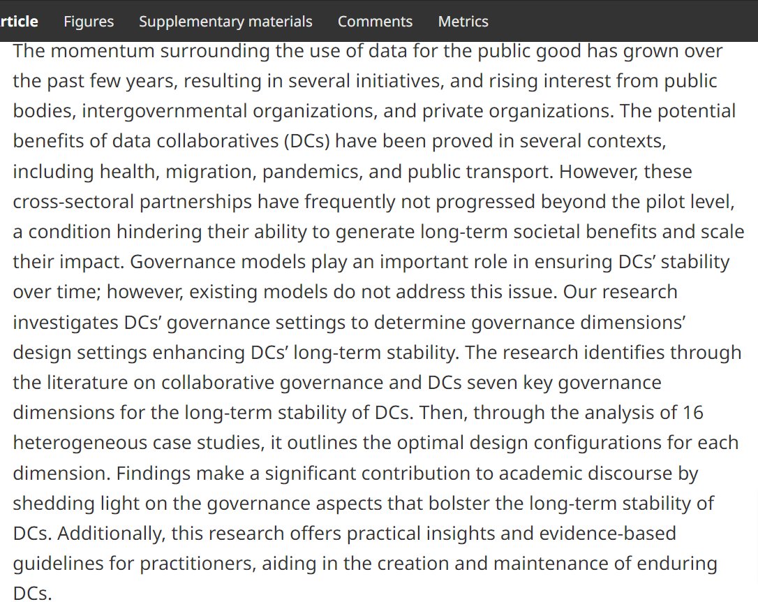 Data & Policy (@data_and_policy) on Twitter photo NEW ARTICLE: Designing data collaboratives’ governance dimensions for long-term stability
This article by authors <a href="/polimi/">Politecnico di Milano</a> is a point of reference for public, private, and not-for-profit entities designing data #collaboratives:
doi.org/10.1017/dap.20…
#governance #ecosystems NEW ARTICLE: Designing data collaboratives’ governance dimensions for long-term stability
This article by authors <a href="/polimi/">Politecnico di Milano</a> is a point of reference for public, private, and not-for-profit entities designing data #collaboratives:
doi.org/10.1017/dap.20…
#governance #ecosystems