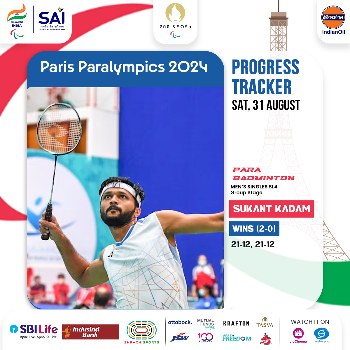 PCI_IN_Official's tweet image. 🎉 Victory for Sukant Kadam! 🇮🇳🔥

Sukant Kadam secures a dominant win against Thailand&apos;s Siripong Teamarrom in the Men&apos;s Singles SL4 Group Stage, with an impressive 21-12, 21-12 scoreline. 🏸✨

Let&apos;s wish Sukant all the success in his upcoming matches! 

#MachaDhoom…