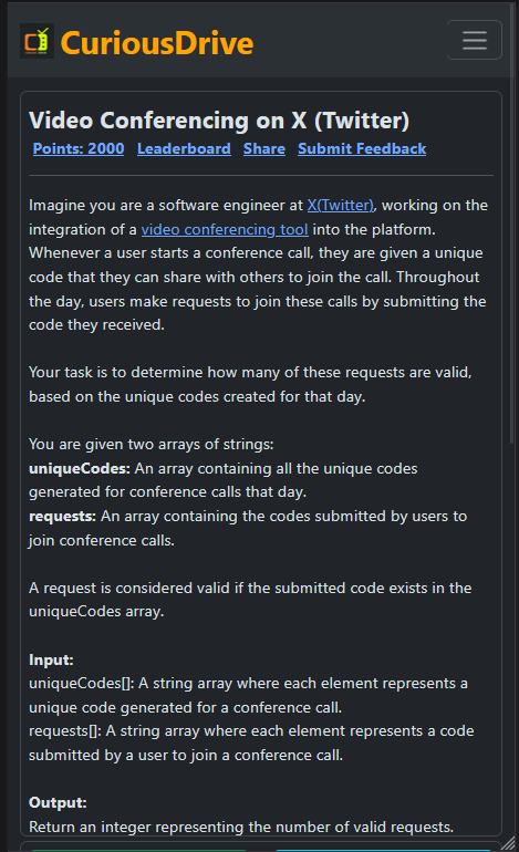 curious_drive's tweet photo. Challenge yourself with this Twitter-inspired coding problem! Validate conference call requests by matching codes efficiently.

https://t.co/QEMmOTM3rb

@X @TechCrunch #Coding #problemSolving #programmer https://t.co/tvJSoDBPRs