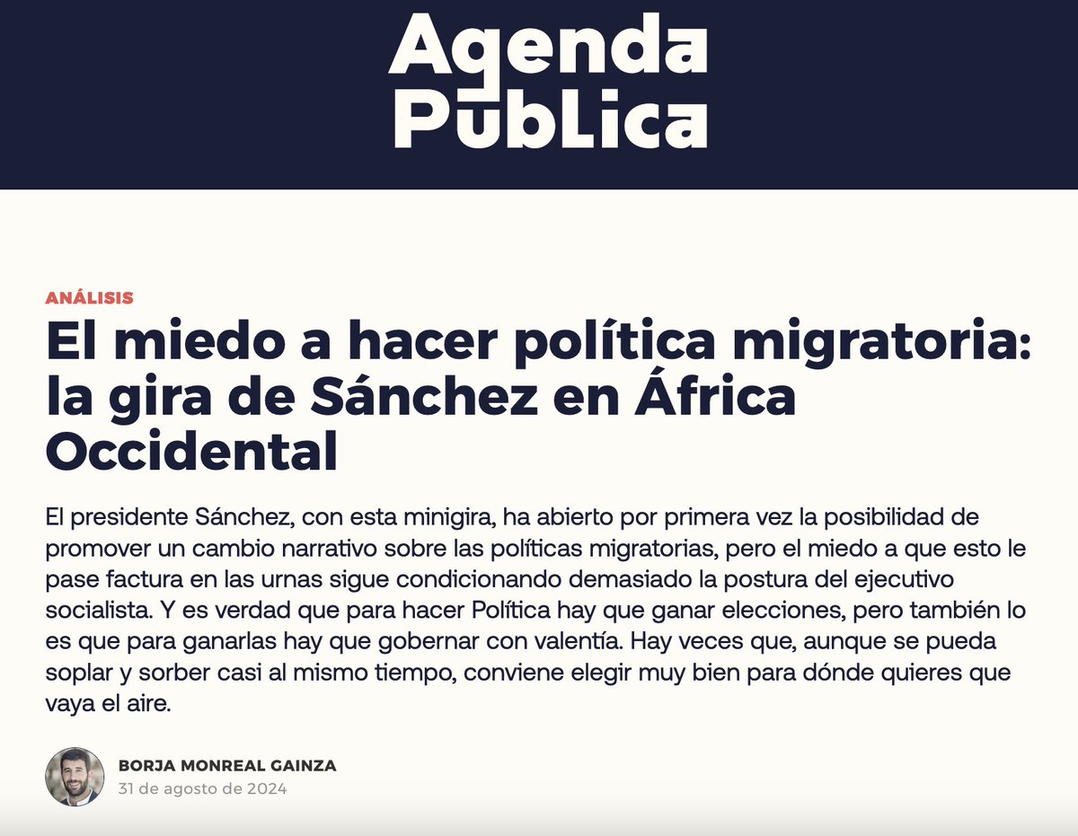 En su gira en #Africa, <a href="/sanchezcastejon/">Pedro Sánchez</a> ha abierto la posibilidad de hacer política migratoria de otra manera. Pero todavía hay mucho miedo en el gobierno de desprenderse de la narrativa migraciones/seguridad.
Mi contribución en <a href="/a_publica/">Agenda Pública</a> 

agendapublica.es/noticia/19333/…