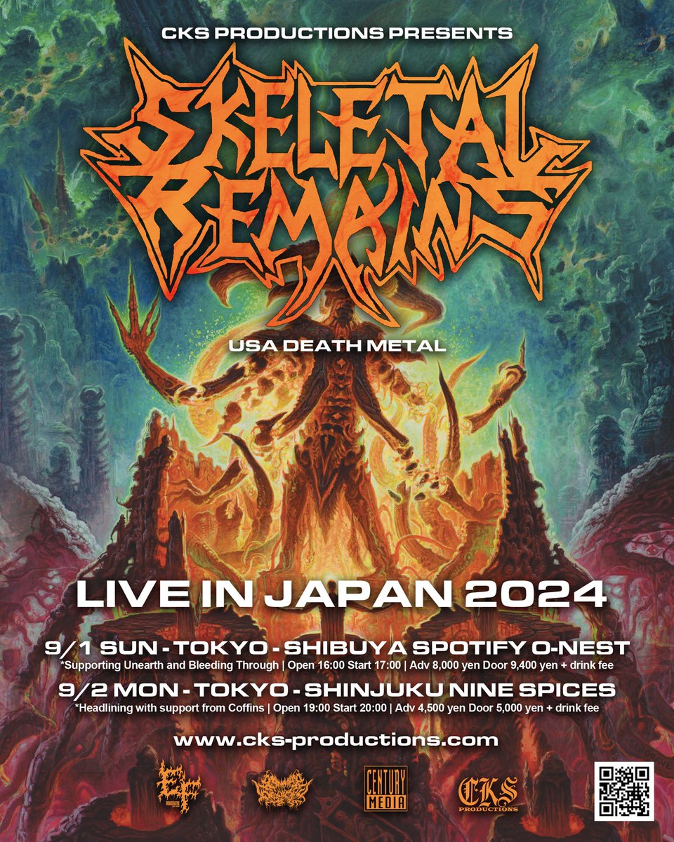 cks_prods's tweet photo. いよいよ明日からSKELETAL REMAINS JAPAN TOURです🔥

皆様のご来場をお待ちしております！
※9/1はソールドアウトです。

9/2の前売チケットは明日(9/1)の23:59まで受け付けています。
🎫: https://t.co/UWOV7JIckQ

#skeletalremains
#cksproductions https://t.co/SfsO8i7PO0