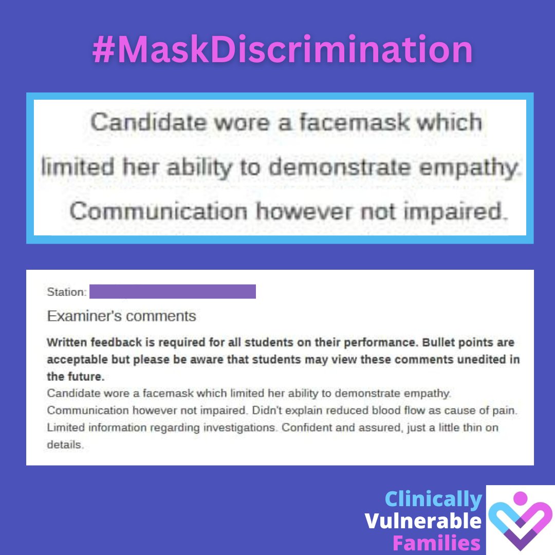 A Clinically Vulnerable med student 𝗹𝗼𝘀𝘁 𝗺𝗮𝗿𝗸𝘀 𝗳𝗼𝗿 𝗺𝗮𝘀𝗸 𝘄𝗲𝗮𝗿𝗶𝗻𝗴 during a clinical exam. Labelled "less empathetic" for acting to protect health. 

Blatant discrimination like this must not be tolerated!

Mask use 𝗺𝘂𝘀𝘁 be protected in law.