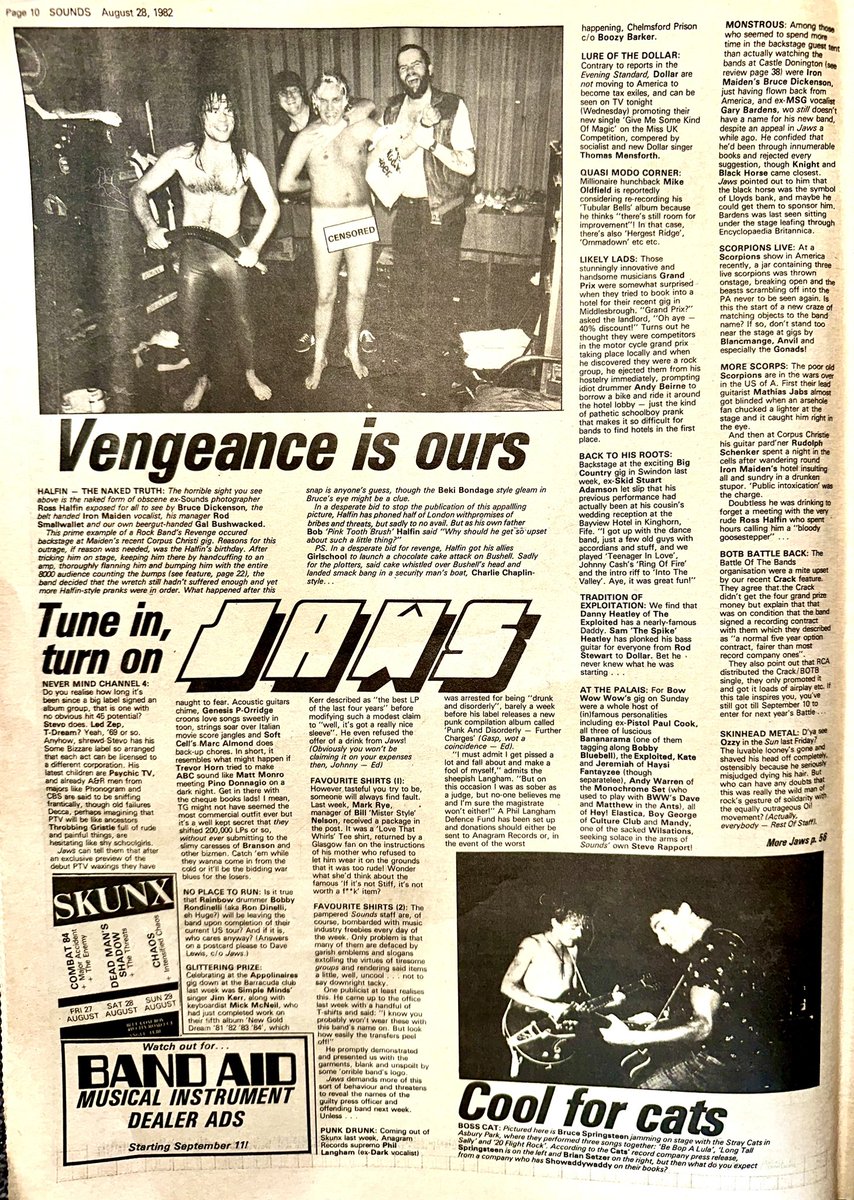 ZoundsAbound's tweet image. In Jaws this week, Sounds snapper  @RossHalfin celebrates his birthday with a quiet night in with a few friends

@springsteen joined #BrianSetzer from #StrayCats on stage for a jam this week &amp;amp; @scorpions are having a few issues on their US tour

@IronMaiden 

Sounds Aug 18th 1982