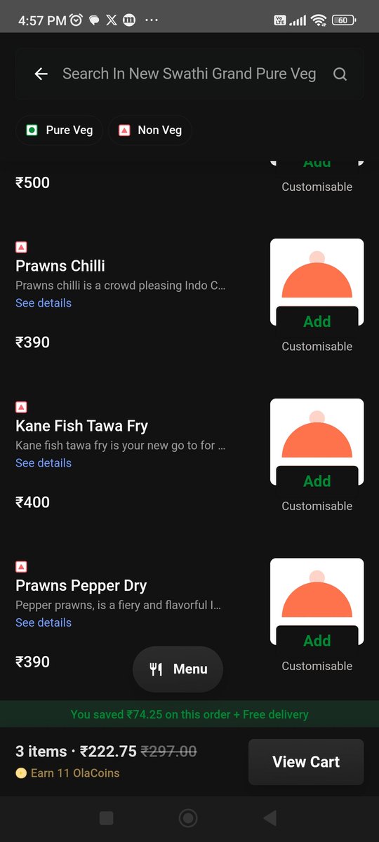 Mahesh47543908's tweet photo. Just noticed something odd on the @Ola_Bangalore Foods app 🤔 A restaurant labeled 'Pure Veg' is offering non-veg meals! 🧐 #FoodAppFail #Misleading #CheckYourLabels" https://t.co/CemvMaIGNl