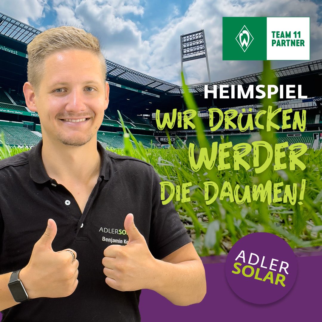 adlersolar's tweet photo. Wir drücken @werderbremen die Daumen beim ersten Heimspiel der neuen Saison im Weserstadion. Drei Punkte bleiben heute hier am Osterdeich ⚽️⚽️⚽️

#Werder #Heimspiel #SVWBVB #Team11 #Solarexperten #Weserstadion #Bremen #Solar https://t.co/KVjb79yIKP