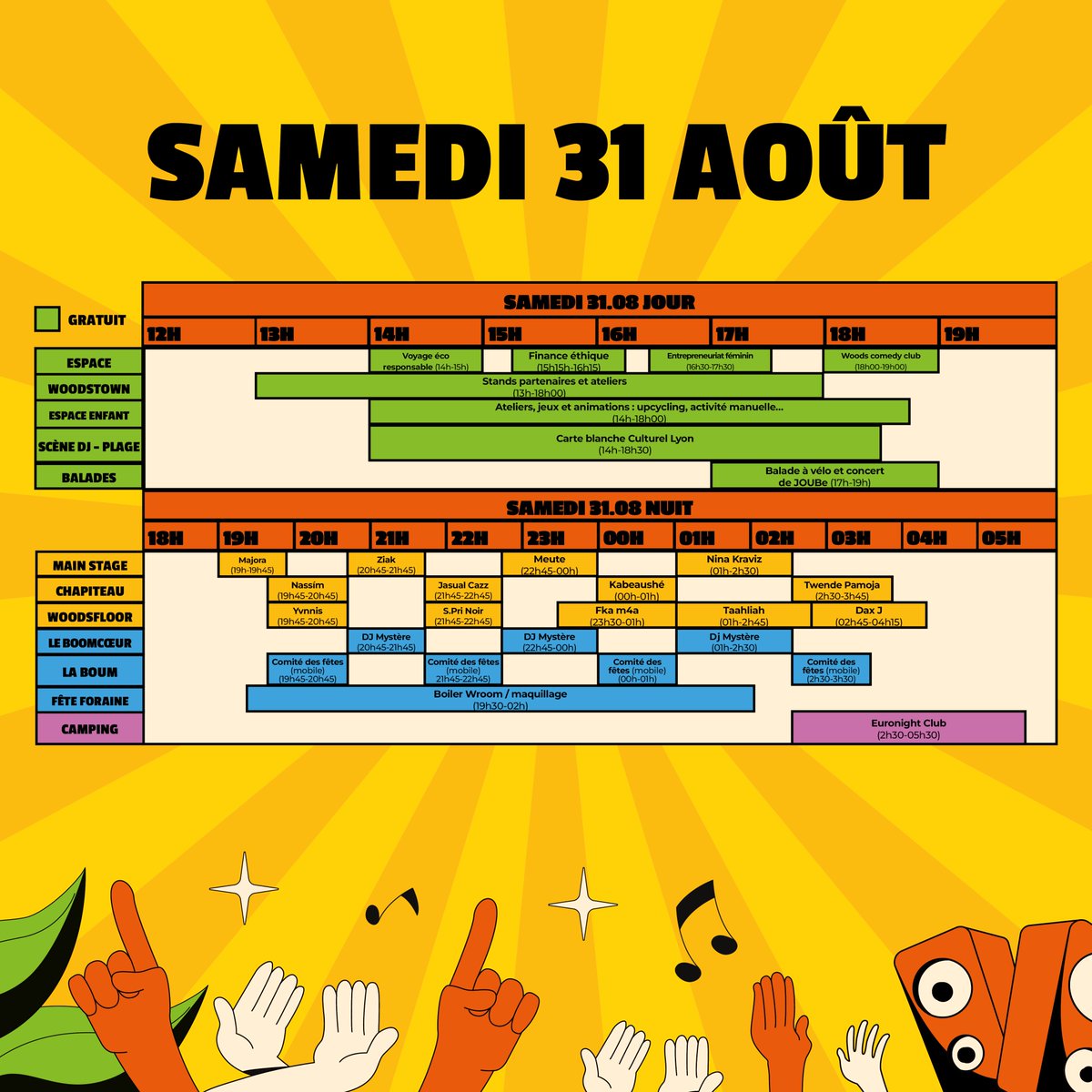 Aujourd'hui à Woodstower ! 🔥 
Rappel de la prog du jour et des horaires.

👉🏼Chope les dernières places en BIO

⚠️: Le spectacle Théâtre de Caniveau initialement
prévu est annulé. La conférence "Entrepreneuriat
féminin" est avancée à 16H30. Le Woods Comedy Club est avancé à 18H.