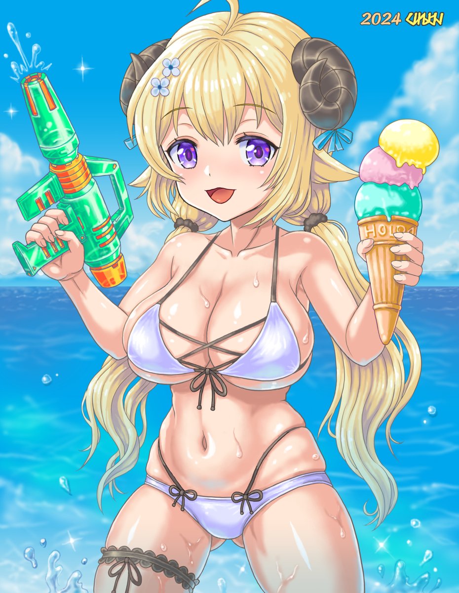 暑中見舞いで角巻わためちゃんの水着で大はしゃぎ描きました！
何か最近ずっとわためぇばっかり描いてる…春から4枚目

最近スバルとやたらてぇてぇしてるんで絡みを描いて見たい
#つのまきあーと #ドドドライブ